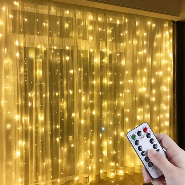 Cortinas Guirnalda de cortina de adorno para ventana con control remoto Luces de hadas LED Habitación de niñas Dormitorio Navidad Decoraciones de Nochevieja