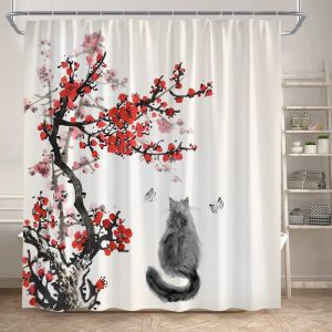 Rideaux Rideaux de douche floraux encre rouge fleur de prunier chat noir papillon Style chinois rideau de bain Polyester décor de salle de bain avec crochets
