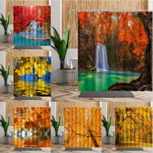 Rideaux Forêt Érable Rideau De Douche Cascade Jungle Automne Nature Feuilles Orange Décor De Salle De Bain Rideaux De Bain Décoration De La Maison Pas Cher