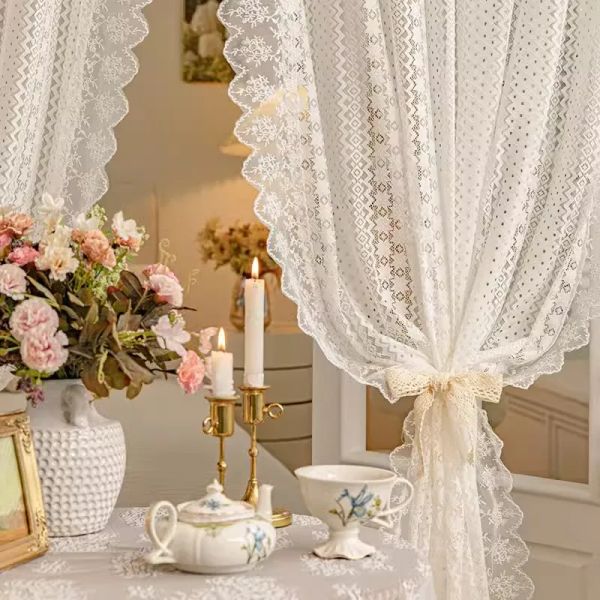 Rideaux Français Rétro Dentelle Tulle Rideau Pour Chambre Balcon Américain Pastorale Blanc Dentelle Voile Sheer Panneau Partition Porte Rideaux Personnalisé