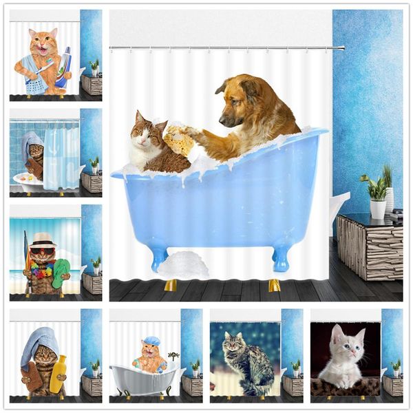 Rideaux de douche en forme d'animaux amusants, décor de chat mignon, décor de salle de bain en Polyester, ensemble de rideaux en tissu de bain, crochet à lanière