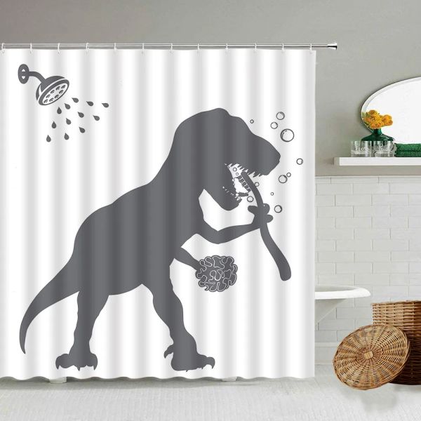 Rideaux de douche amusants en forme de dinosaure, avec Silhouette grise, Animal sauvage, blanc, décor de salle de bain pour enfants, en tissu Polyester