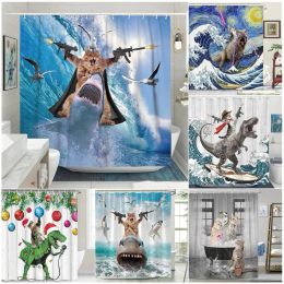 Cortinas Cortinas de ducha de gato divertidas ondas de mar Tiburones Birds Fun Animales Ocean Landscape Tels Decoración de baño Decoración de niños