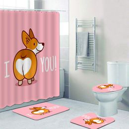 Rideaux drôle Corgi amour cul rideau de douche salle de bain ensemble étanche décor à la maison salle de bain 4 pièces tapis de sol tapis de toilette 3 pièces ensemble Cortina