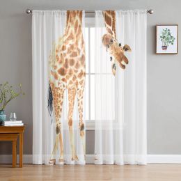 Cortinas divertidas jirafa, animales, cortinas transparentes blancas para sala de estar, cortina de gasa de gasa para dormitorio, baño, cortinas de tul, cortinas para ventana