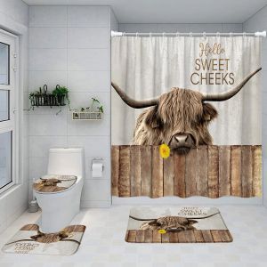 Gordijnen grappig Highland vee douchegordijn set boerderij gele bloem bruin houten bord badkamer decor niet -slijd vloerkleed bad mat toilet deksel