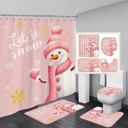 Rideaux drôle rose bonhomme de neige noël rideau de douche ensemble or blanc flocon de neige enneigé nouvel an vacances salle de bain décor tapis de bain couverture de toilette