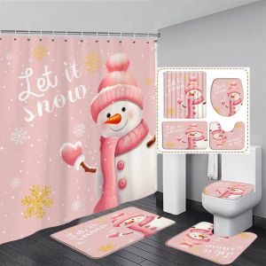 Gordijnen Grappige Roze Sneeuwpop Kerst Douchegordijn Set Goud Witte Sneeuwvlok Besneeuwde Nieuwjaar Vakantie Badkamer Decor Badmat Toilet Cover