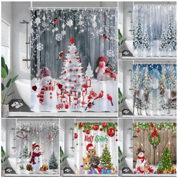 Rideaux drôle bonhomme de neige noël rideaux de douche arbre de noël corde boules cèdre hiver forêt neige scène vacances tissu salle de bain rideau décor