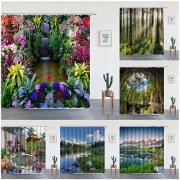 Rideaux Jardin Fleurs Rideaux De Douche Nature Floral Forêt Cascade Paysage Salle De Bain Rideau Tissu Imperméable Décor À La Maison avec Crochets