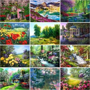 Rideaux Gatyztory Images par numéros Kits de paysages de printemps Décoration d'intérieur Peinture par numéros Paysage Dessin sur toile Peint à la main Art Cadeau