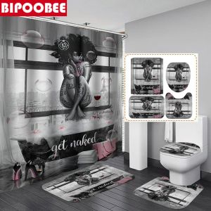 Gordijnen Get Naked Badkamer Douchegordijn Roze Bloemen Hoge Hakken Sexy Zwart Meisje Badkleed Afro-Amerikaanse Antislip Tapijt Toilet Cover