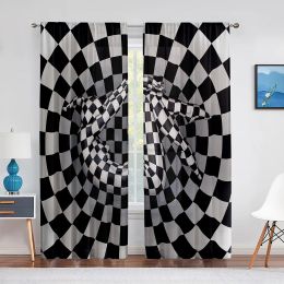 Rideaux Fille Dans Le Damier Géométrique Voilage Transparent Noir et Blanc Abstrait Fenêtre Tulle Rideaux pour Salon Chambre