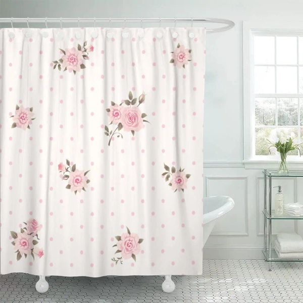 Rideaux Girlish Floral Polka Dot Style Shabby Chic Motif avec des roses roses Rideaux de douche de mariage délicats Tissu polyester imperméable