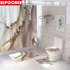 Gordijnen gouden crack textuur luxe marmeren badkamer gordijnen stoffen douchegordijn set badmatten tapijten toilet deksel deksel niet -slip tapijt