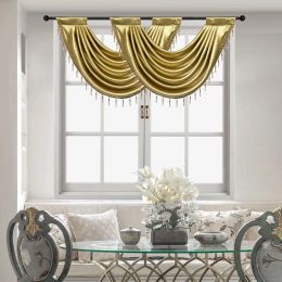 Rideaux Rideau de niveau de cantonnière de cascade d'or pour le salon en-tête de pétoncle de poche de tige de jacquard de perles de luxe pour les rideaux de panneau de fenêtre