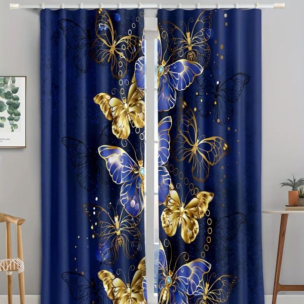 Rideaux papillon bleu doré, panneaux en Polyester élégants pour la décoration du salon et de la cuisine, accessoires gratuits inclus