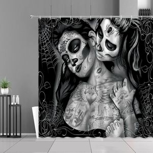 Cortinas Cortina de Ducha gótica Tatuaje Chica Azúcar Calavera Cortina de Ducha Tela Negra Gris Cortina de baño de poliéster Impermeable con Ganchos