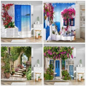 Gordijnen Griekse stad Street View douchegordijn blauwe houten deuren ramen bloem plant muur decor badkamer hangende gordijnen set met haken