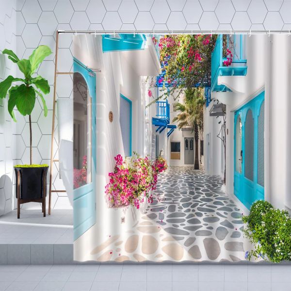 Rideaux Ville grecque vue sur la rue rideau de douche bleu portes en bois fenêtres fleur plante décoration murale salle de bain rideaux suspendus ensembles Polyester