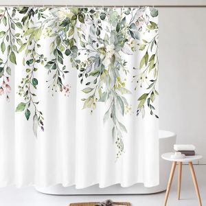 Rideaux de douche en Eucalyptus vert, rideau décoratif de séparation de salle de bains imprimé en Polyester imperméable avec crochet en plastique