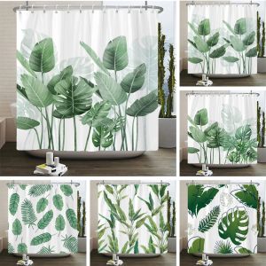 Rideaux Plante verte feuilles imprimer rideaux de douche aquarelle Boho Floral imperméable Morden salle de bain baignoire rideau chambre décor avec crochets