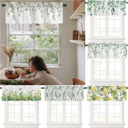 Cortinas con cenefa verde para ventana de cocina, acuarela, eucalipto, bolsillo para barra, tratamiento de ventana, hojas con cortina corta Floral