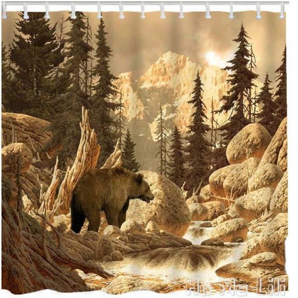 Rideaux Grizzly Bear Rideau de douche par Ho Me Lili Animal Wilderness Brook Canyon Forest Mountain Nature Pierre jaune pour décor de salle de bain