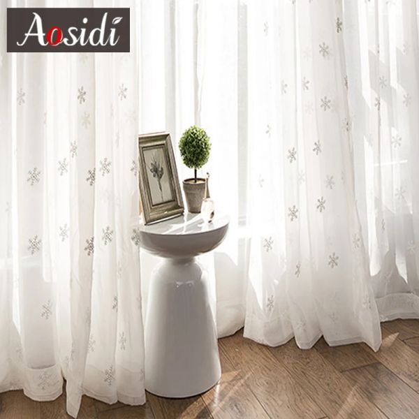 Cortinas de salón, cortinas transparentes blancas para sala de estar, dormitorio, bordado, habitación de niños, cortina de tul, cortinas de gasa con copos de nieve navideños, Rideau