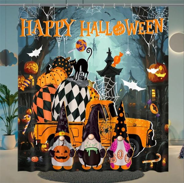 Cortinas Cortinas de Ducha de Halloween Divertidas y Lindas Calabazas Gnomo Bruja Fantasma Tela espeluznante Cortina de Ducha Decoración Suministros para Favores de Fiesta de Halloween