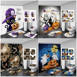Rideaux joyeux rideau de douche d'Halloween ensemble drôle de dessin animé chat citrouille fantôme crâne de crâne de la maison de salle de bain décor de salle de bain tapis de bain de bain couvercle de toilette