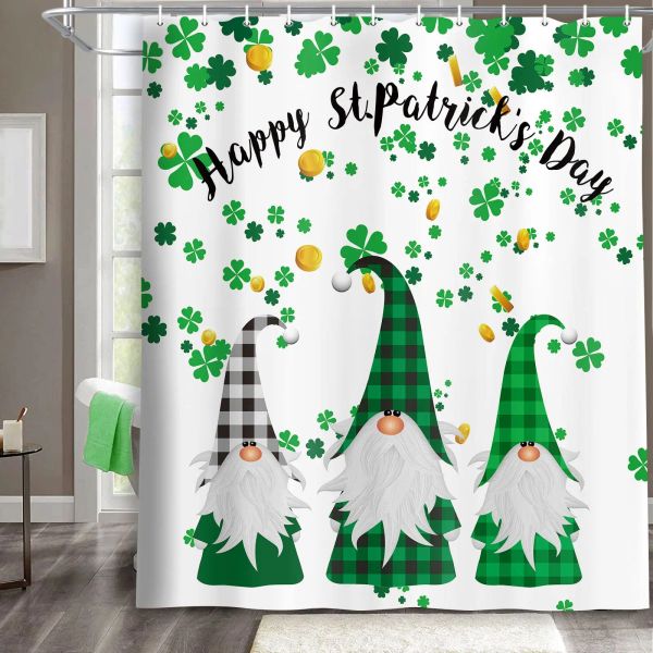 Rideaux Rideau de douche Happy St. Patrick's Day, trèfle vert, feuille de trèfle, Gnome irlandais, elfe, buffle, carreaux, rideaux de salle de bain en tissu