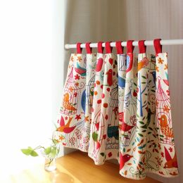 Cortinas de algodón de cáñamo de dibujos animados lindo jaula de pájaros roja media cocina colorida Tangram puerta de partición armario cortina corta para decoración de ventana salediza #5