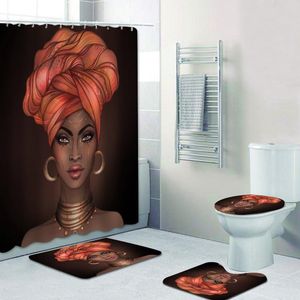 Rideaux Rideau de douche afro-américain chaud, jolie femme noire avec turban, ensemble de rideaux de salle de bain, tapis de bain à lèvres brillantes pour fille
