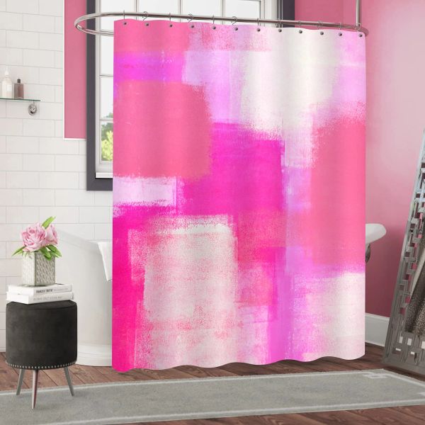 Cortinas Cortina de ducha de color rosa intenso con ganchos, cortina de ducha de estilo abstracto Ombre Grunge, decoración de bañera con pincel de pintura artística de melocotón rosa oscuro