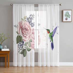 Rideaux Colibri rose fleur blanc Tulle rideaux pour salon chambre décoration Transparent mousseline de soie pure Voile rideau de fenêtre