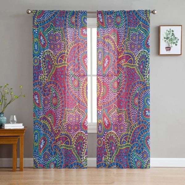 Rideaux indien Boho Paisley Texture en mousseline de soie, rideaux transparents pour salon chambre à coucher, décoration de la maison, voiles de fenêtre, rideaux en Tulle