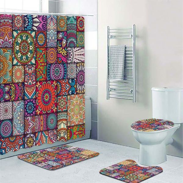 Rideaux indien coloré Tribal marocain bohème Mandala bain rideaux de douche ensemble Long salle de bain rideau tapis tapis accessoires de toilette décor