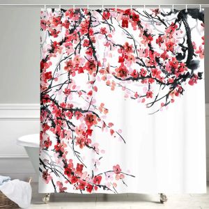 Cortinas Tinta Planta Flores Cortina de Ducha Ciruela Roja Flor de Cerezo Japonés Cortinas de Baño Impresión de Acuarela Conjunto de Decoración de Baño Blanco Moderno