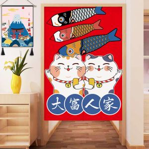 Rideaux Japonais Chat Chanceux Porte Rideau Tissu Cuisine Demi-Rideau Perforation Gratuite Chambre Cloison Suspendus Rideaux Lin Simple Nouveau