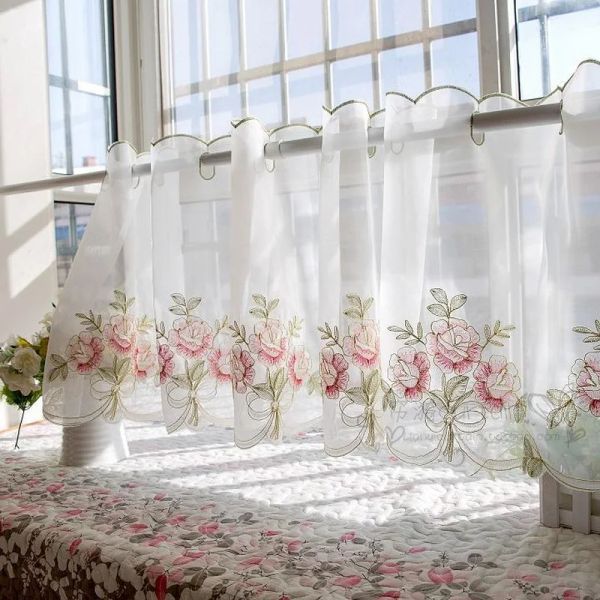 Rideaux Junwell Polyester Voile Printemps Floral Broderie Cuisine Rideau Fil Doré Café Rideau Anti-Poussière Protection de La Vie Privée