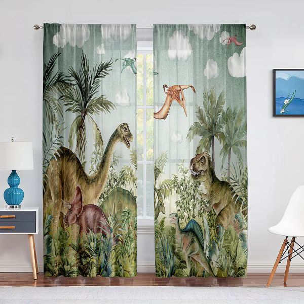 Rideaux Animaux Jurassiques Jungle Dinosaures Arbres Motif Rideau Transparent pour Salon Fenêtre Enfants Chambre Décor Tulle Voile Rideau