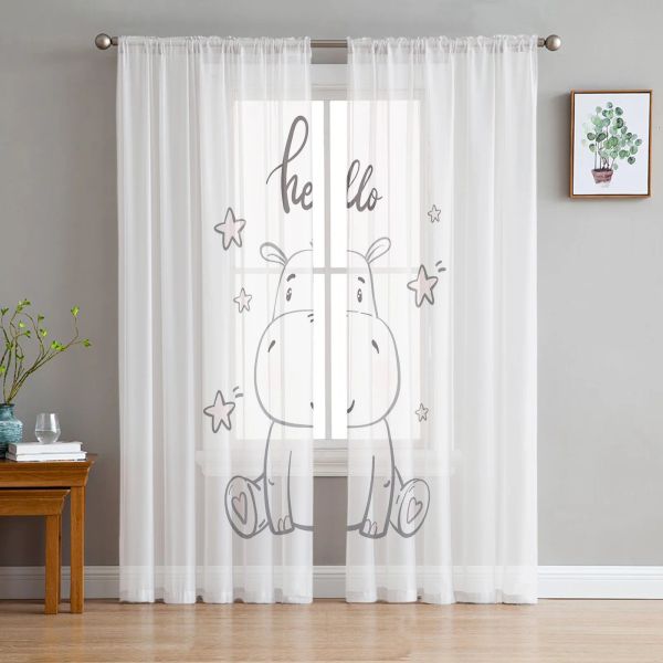 Rideaux Kawaii étoiles hippopotame bébé mignon Animal blanc Tulle rideaux pour salon décoration mousseline de soie pure Voile cuisine chambre rideau