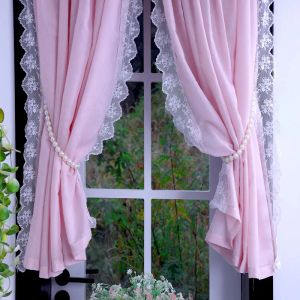 Rideaux Rideaux transparents en dentelle rose coréen pour le salon, rideau en tulle court et épais pour placard de cuisine, salle de bain, décoration de fenêtre élégante