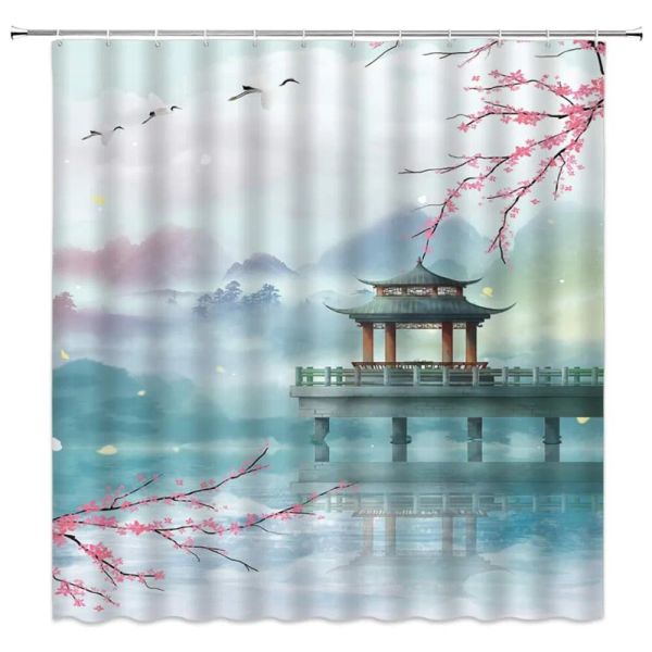 Rideaux Rideau de douche paysage fleur rose de printemps et paysage de pavillon sur le lac décor de salle de bain de style chinois rideau suspendu avec crochets