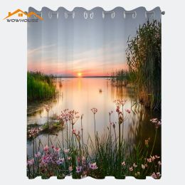 Rideaux de fenêtre de paysage, paysage de lac Chudskoy Peipsi, vue sur la nature avec fleurs et feuilles, photo d'art, salon, chambre à coucher
