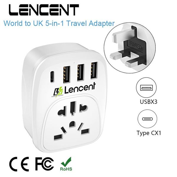 Rideaux Lecent World vers Royaume-Uni Adaptateur de voyage avec 1 prise secteur 3 ports USB 1 port de type C Adaptateur d'alimentation Protection contre les surcharges Prise murale 5 en 1