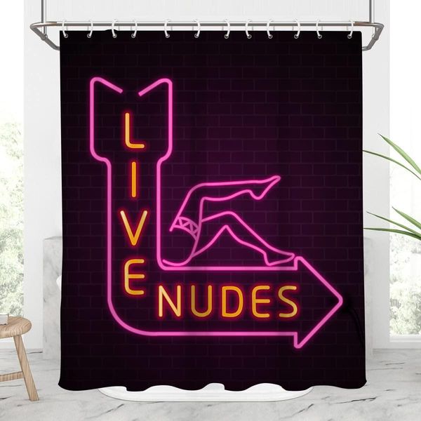 Rideaux Live Nudes Rideau de douche drôle signe néon bleu rose avec fille sexy violet pour décor de bain adulte rideau de salle de bain en tissu polyester