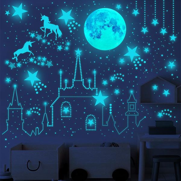 Cortinas luminosas 3d Luna estrellas pegatinas de pared brillan en la oscuridad pegatinas de unicornio para habitación de niños dormitorio de bebé techo decoración del hogar calcomanías