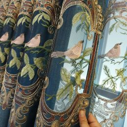 Gordijnen Luxe Vogel Geborduurde Gordijnen Voor Woonkamer Chinese Klassieke Hol Chenille Blauw Bruin Venster Cortinas